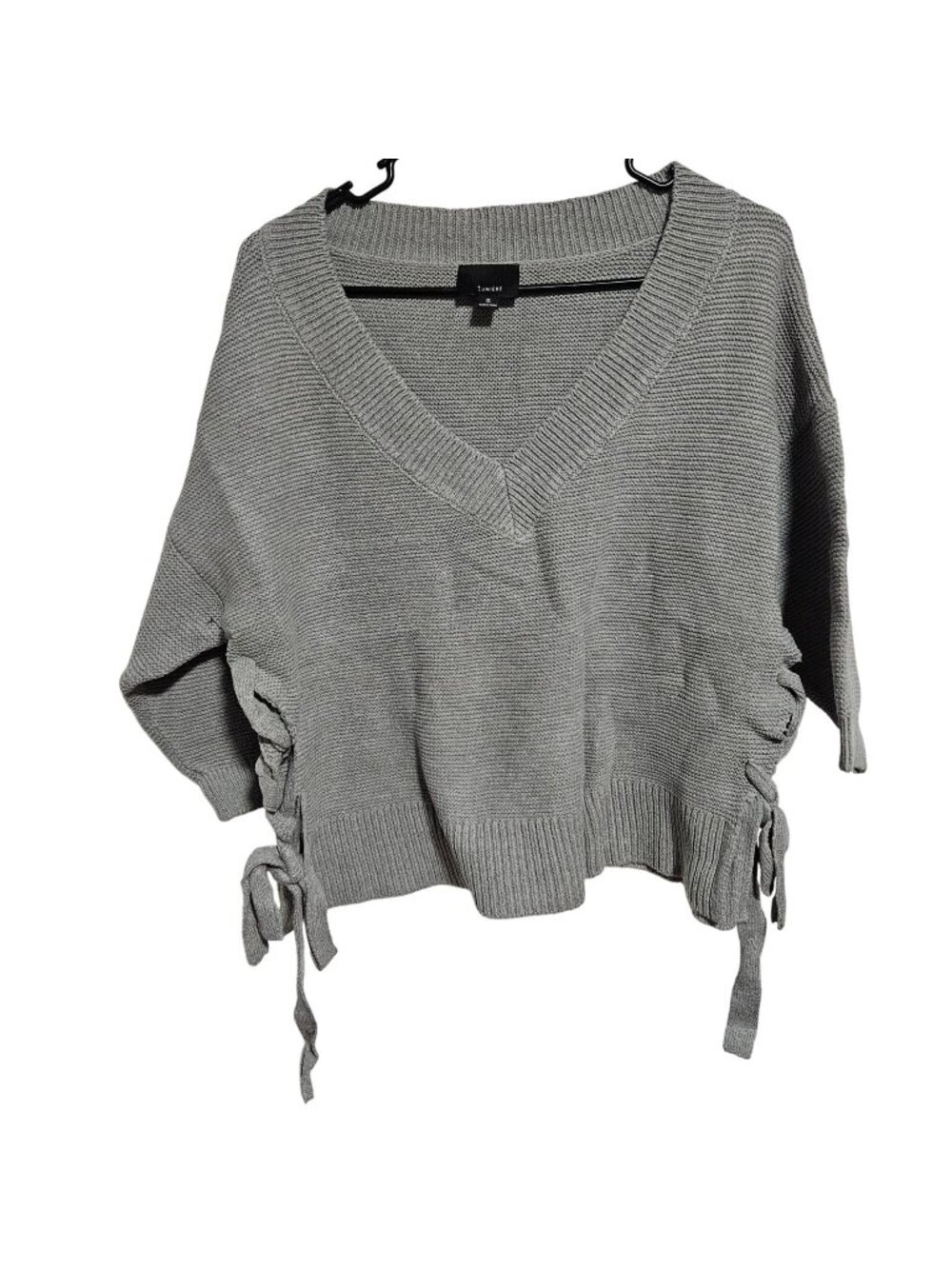 Lumière Gray Knit Sweater Size Medium Pullover Side Tie V-Neck New in Bag